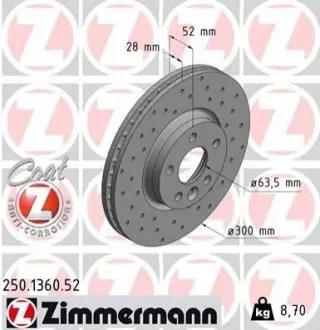Диск гальмівний (передній) Ford Mondeo/Galaxy 07-15/Range Rover/Volvo S60 11-(300x28) (з покр.) (вент.) ZIMMERMANN 250136052 Купити в Україні