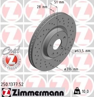 Диск тормозной FORD MONDEO 14- Тормозной диск ZIMMERMANN 250137752 (фото 1)