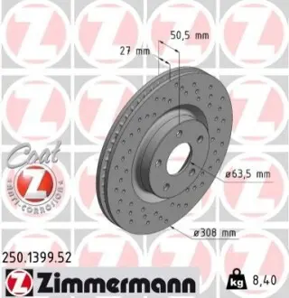 Диск гальмівний (передній) Ford Focus 1.0/1.5 EcoBoost/2.0 EcoBlue 18- (308x27) ZIMMERMANN 250139952