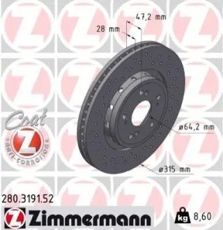 Диск тормозной ZIMMERMANN 280.3191.52 Купить в Украине