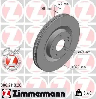 Диск гальмівний (передній) Hyundai Tucson 15-/Kia Sportage 18- (320x28) ZIMMERMANN 380211820 Купити в Україні