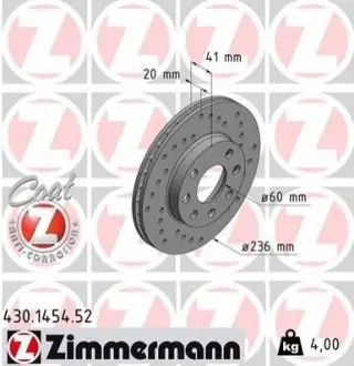 Диск гальмівний (передній) Opel Astra F/Kadett E 91- (236x20) ZIMMERMANN 430145452 Купити в Україні