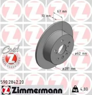 Диск гальмівний (задній) Toyota Camry 06-14/Avalon 05-12 (281x10) ZIMMERMANN 590284220 Купити в Україні